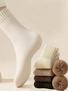 5 Pairs Thick Solid Color Wool Socks, Warm Thermal Lined Snow Socks, Hand Wash & Machine Wash - Multicolor - View 6