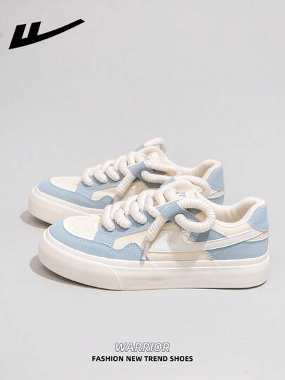  1 Pair WARRIOR Women's Thick Sole Lace-Up Soft Bottom Casual Shoes, Low-Top Outdoor Flat Shoes, Round Toe Low Heel Non-Slip Solid Color Elegant Soft Bottom Hiking Shoes, Suitable For Students, Graduation Photos, Flat Shoes, Low-Top Leather Sports Skateboard Shoes