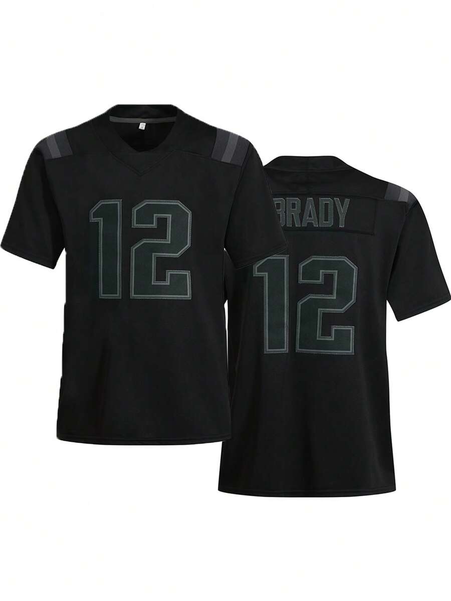 Men's Soccer Jersey #12 Black Embroidered Sports T-Shirt, Casual Training Match Short Sleeve Top - Black - View 1