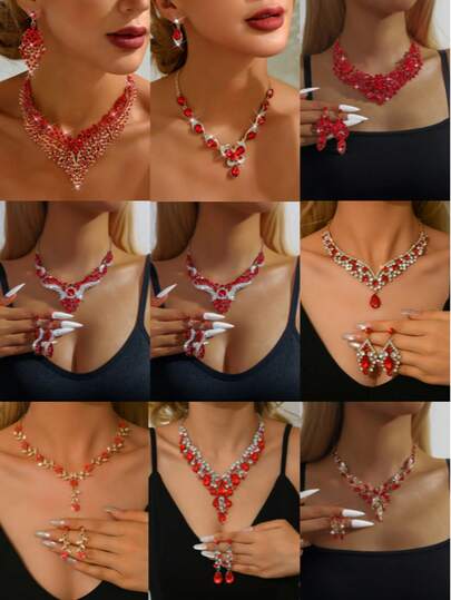 Joyful Red 时尚首饰系列包括项链、耳环和首饰套装，适合女性日常佩戴，也适合婚礼、派对和其他场合。（多种款式可供选择）