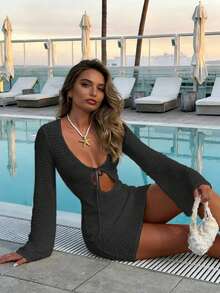 休闲浪漫假日风镂空半透明长袖修身连衣裙，适合春夏穿着 - 黑色 - 查看 6