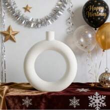 1pc Round-Shaped White Plastic Vase, A Decorative Ornament For Arranging Artificial And Dried Flowers, Suitable For Living Room Home Decor, Tabletop Decorations For New Year, Valentine's Day, Mother's Day And Middle Eastern Festivals, As Well As An Ideal Housewarming Gift. - White - View 1
