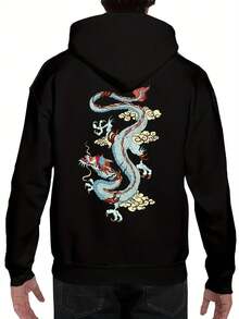 Men's Red Dragon Pattern Hoodie - Casual Polyester Pullover - Grey - View 9