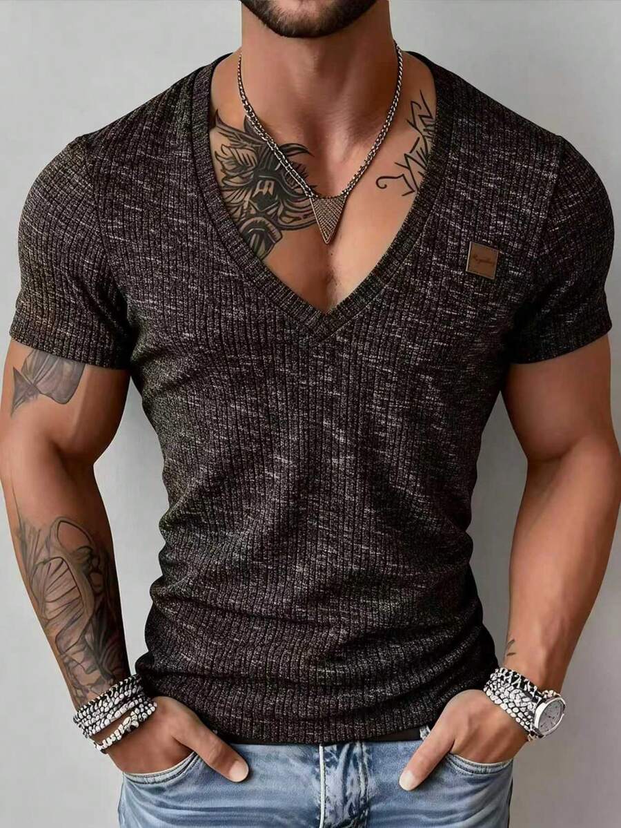 Men's Solid Color Short Sleeve T-Shirt, Personalized Graphic Design, Soft & Comfortable, Suitable For Daily Commute, Fashionable & Versatile - Brown - View 1