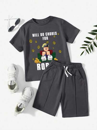 Conjunto de camiseta de manga corta y pantalones cortos con estampado de dibujos animados para niños pequeños