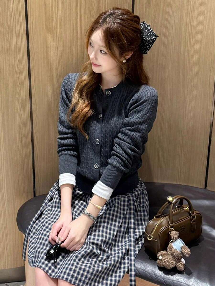 [Y6Y] Grey Elegant Cable Knit Button Cardigan, Women's Spring Daily Wear, Long Sleeve Round Neck Slim Fit - Dark Grey - View 1