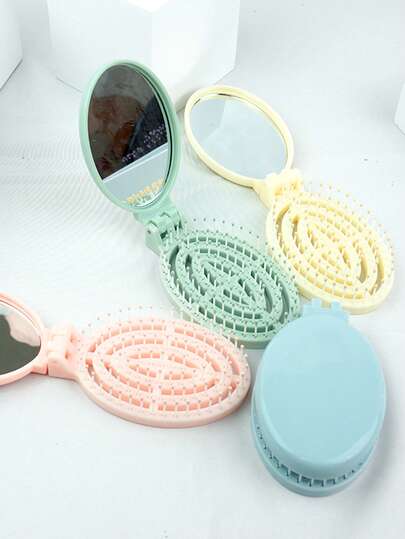 1 pieza Juego de cepillo de pelo de viaje mini, cepillo de pelo plegable con espejo para mujeres y niñas, tamaño compacto de bolsillo para bolso, gimnasio, viaje, natación