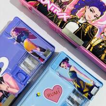 1个卡通KPOP文件盒，魔法少女组合文具盒，大容量双面磁扣带卷笔刀，卡通学生多功能铅笔盒 - 彩色 - 查看 4