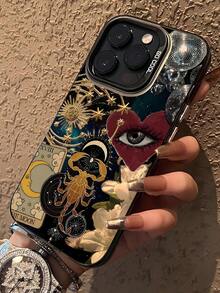 1 pieza Funda de teléfono a prueba de golpes con diseño de estrella, luna y ojo en negro mate IMD, personalizada compatible con iPhone 16 Pro Max, 15/14 Plus, 13, 12, 11 y series - Multicolor - Ver 2