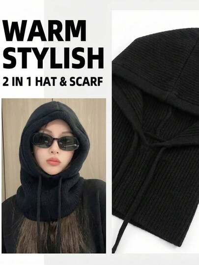 1pc Winter Warm Knitted Scarf With Ear Warmer, Balaclava Neck Gaiter Striped Knit Hat, Foldable Design, Crossover Neck Warmer - Includes Random Decorative Hooded Scarf Accessory, Create Fashionable Winter Look, Winter Accessories, Winter Clothing