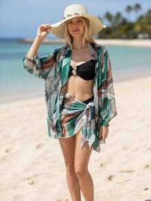 Beach Cover-Up Set: Shirt Dress + Tulle Bandana | Summer 2026 Fashion Blogger - 綠色 - 查看 1
