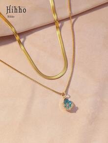 Hihho 2入組水滴微嵌鑲立方氧化鋯吊墜雙層精緻項鍊女士日常配飾，禮物 - 金黃色 - 查看 6