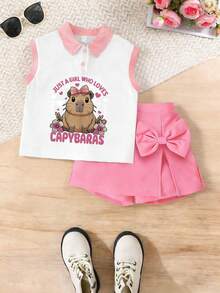 两件套水豚印花背心短裤套装，休闲时尚，深受少女喜爱的热门童装 - 粉色 - 查看 2