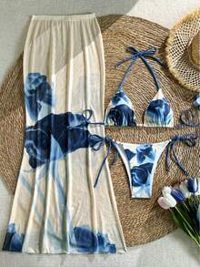 3pcs Geometric Pattern & Tropical Flower Print Casual, Cute, Elegant, Sexy Bohemian Sash Bikini Set, Women Beach Vacation Swimwear, Spring/Summer