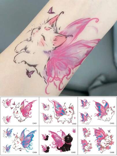 6pcs Cute Cartoon Angel Cat Elf Color Tattoo Stickers, Waterproof Female Lasting Arm Stickers, Cartoon Party Party Holiday Gift Stickers