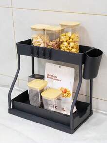 1 pieza Organizador deslizante para debajo del fregadero, cesta organizadora de gabinete, estante de almacenamiento con ganchos para colgar tazas, organizador para baño y cocina - Negro - Ver 1