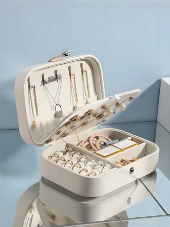 1 Piece Rectangular PU Jewelry Storage Box, Portable Jewelry Storage Box, Dressing Table Storage Box, Portable Multi-Compartment Travel Jewelry Display Box, Gift Storage Box, Storage And Display Box, Simple Flip-Top, Large Capacity, Suitable For Rings