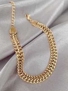 1条女童手链，嘻哈风格叠戴设计，不锈钢防水沙滩度假链手链，日常佩戴配饰（不含礼盒） - 金色 - 查看 3