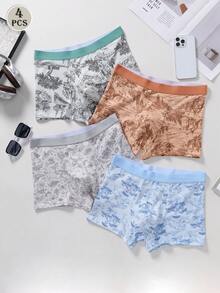 4pcs/Pack Men's Comfortable Breathable Mid-Waist Boxer Briefs, Soft Knit Fabric Casual Underwear - Multicolor - View 1