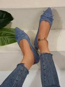 Summer Knitted Pointed Toe Flat Shoes For Women, Blue Bow Tie Breathable Slip-On Casual Loafers - Blue - View 2
