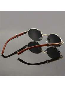 1 Pair Of Retro Oval Glasses, Unisex, Classic Retro Imitation Wood Small Round Black Glasses, Popular Choice MRX7 - c1 - 查看 5
