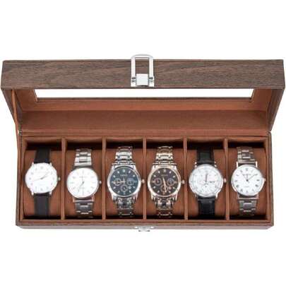- Caja de reloj para hombre, 6 ranuras, piel sintético de grano de madera, soporte para reloj, tapa de vidrio real, organizador de joyas, almacenamiento de terciopelo suave, para hombres y,38185754