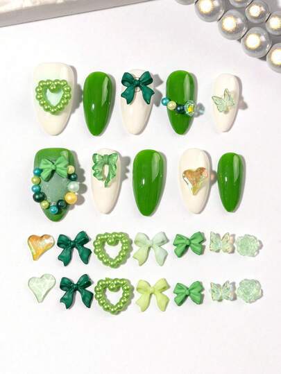 50pcs,100pcs St.Patrick's Day Mixed Nail Art Accessories,Carnival Nail Decorations,Green And Yellow Mixed Nail Art Accessories,Bows, Hearts, Pearls,Ribbon Parts,Can Be Used For Personal DIY Nail Art Decorations, DIY Decorations,Gift Decorations And Nail Salons Supplies