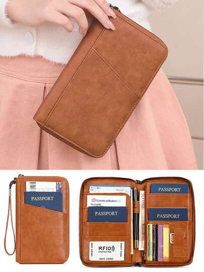 CHARM INFINITE 大容量护照夹，女士腕带护照钱包，带多个卡槽和护照夹，简约纯色RFID屏蔽信用卡套，多功能女士手提包，适合派对、购物、旅行、生日礼物、情人节礼物，轻便防水，旅行必备，邮轮度假必备，男女旅行必备，假日必备，返校必备