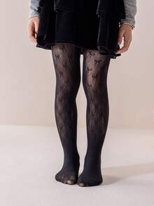 1件装女童蝴蝶镂空透明连裤袜，可爱甜美，柔软舒适黑色丝袜，经典简约薄款透气连裤袜，适合舞蹈练习/表演、度假、休闲活动 - 黑色 - 查看 2