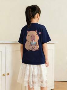 Girls & Teens' Casual Printed Dark Grey Crew Neck Short Sleeve T-Shirt, Summer Top - Navy Blue - View 2