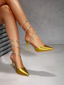Women's New Fashion Rhinestone Wrapped Strap Golden Pointed Toe Stiletto Heel Sandals, Elegant For Party, Christmas & New Year's Eve - Gold - View 2