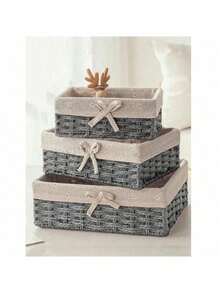 3pcs Woven Rattan Storage Baskets, Desktop Snack Cosmetic Organizer Wicker Baskets