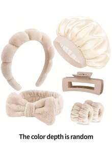 6pcs Satin & Microfiber Headband Set | Soft Skincare Headbands With Bow And Claw Clips, Maillard Dyed Wide Sleep Headbands, Unisex - Multicolor - View 12