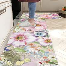 1 Piece Kitchen Carpet, Spring And Summer Kitchen Carpet, Colorful Floral Carpet, Floral Theme Decorative Non-Slip, Stain-Resistant, Flannel Floor Mat, Suitable For Bedroom, Living Room, Dining Room, Kitchen, Bathroom, Entrance, Floral Design, Colorful Pattern, Rubber Backing, Machine-Made Floor Mat, Decorative Carpet, Washable Floor Mat, Housewarming Gift - 16*24英寸 - 查看 3