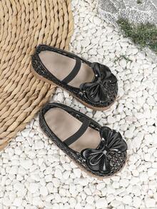 1 Pair Girls' Casual Bow Hollow-Out Flat Princess Shoes, Suitable For Spring/Summer - Black - View 4