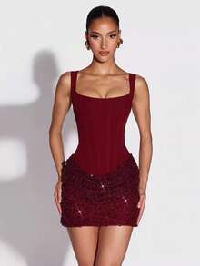 Vestido Street Fashion Sin Mangas Cintura Ajustada Ajustado para Mujer - Burdeos - Ver 2