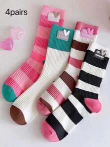 4双装女士条纹爱心图案中筒袜 - 彩色 - 查看 4