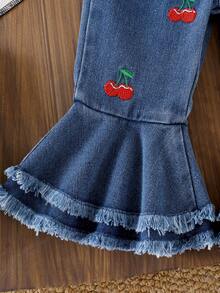 2pcs Baby Girl Fashionable & Elegant Sweet Cherry Embroidery Flutter Sleeve Round Neck Cap Sleeve T-Shirt Top And Cherry Embroidery Double Ruffle Flare Leg Denim Pants Set - Red - View 8
