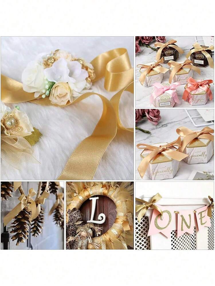 25 Yards/Roll Champagne Gold Satin Ribbon, Shiny Smooth Durable Fabric Ribbon For Gift Wrapping, DIY Crafts, Wedding Bouquets, Flower Wreaths & Valentine's Day Sewing Projects, Ideal For Craft Lovers, Wedding Planners & Holiday Gift Making - Beige - View 8