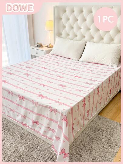 情人节床单一件装 - 100% 轻盈涤纶面料，浪漫粉色爱心条纹蝴蝶结印花床罩，透气爱情主题床上用品，可爱情人节卧室装饰，适合成人和青少年