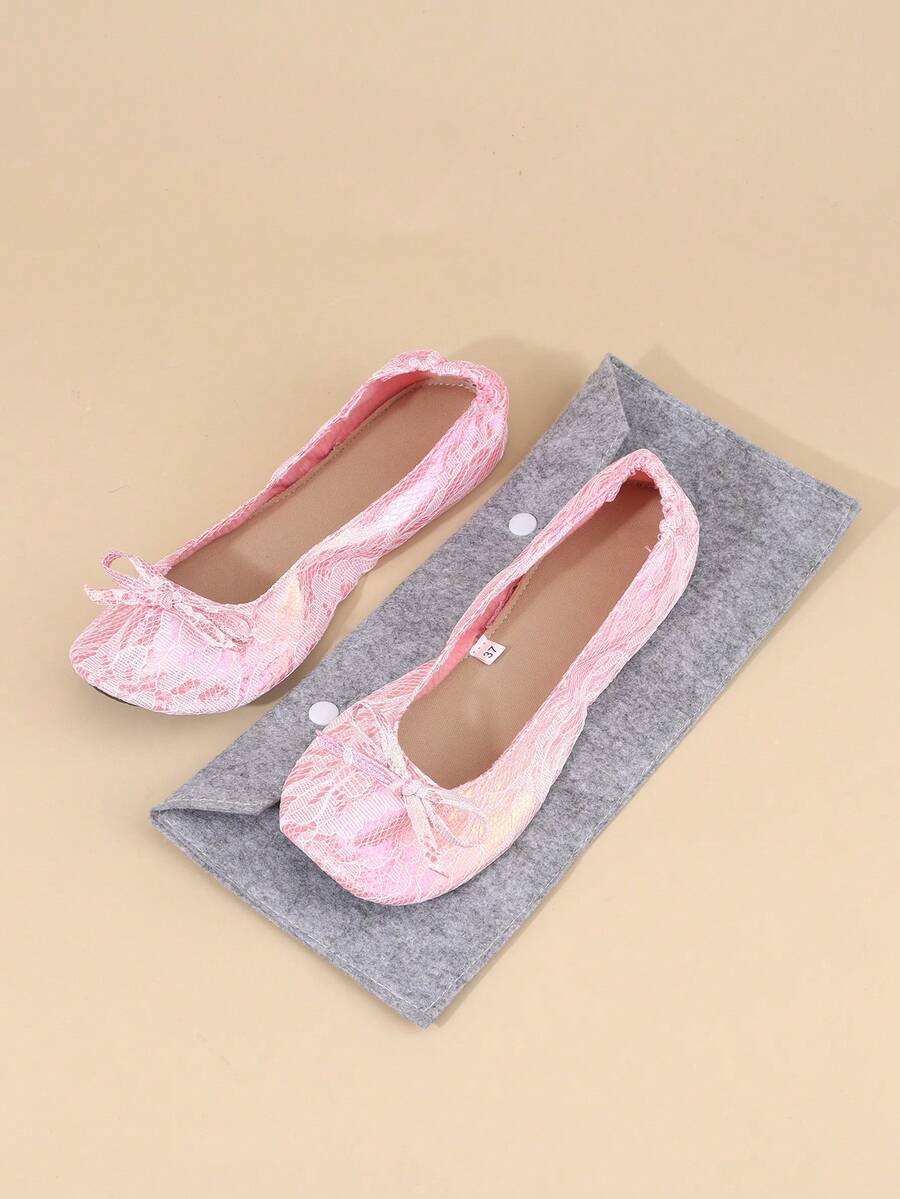 粉色轻便透气芭蕾平底鞋，超便携婚礼舞鞋，可折叠套脚芭蕾舞鞋，女士款，附赠收纳袋和室内拖鞋