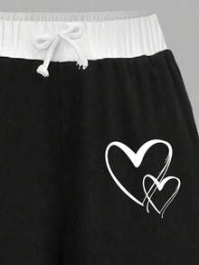 Teen Girl Heart Print Short Sleeve T-Shirt And Wide Leg Pants Casual Outfit - Black - View 4