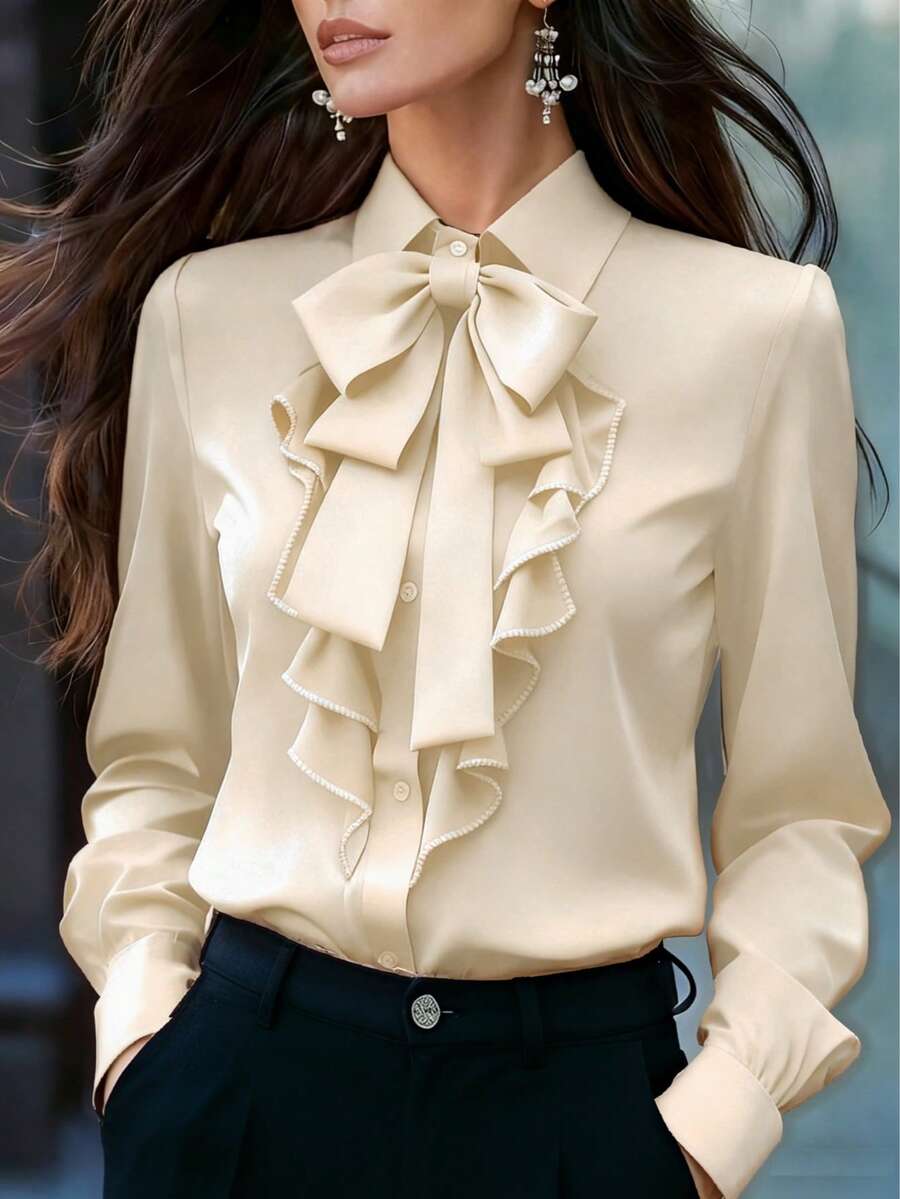 Women's Elegant Long Sleeve Blouse, Apricot Color With Tie Collar, Ruffle Trim And Bow Details, Regular Fit Top, Suitable For Work, Spring, Autumn - Apricot - View 1