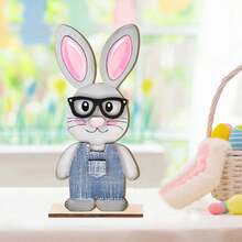 复活节兔子木质桌面摆件 - 可爱的站立兔子摆件，戴着眼镜，穿着牛仔外套，非常适合家庭聚会装饰 - 彩色 - 查看 8