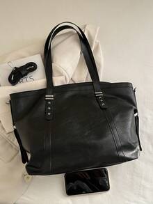 1pc Bag Female Bag Preference Bag Fashion New 2026 Tote Bag Fashion College Style Joker Solid Color Soft Leather Commuter Shoulder Bag High Quality Tote Bag Leisure Large Capacity Messenger Bag Female. - Black - View 8