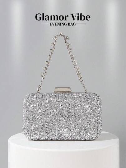 女士水晶装饰晚宴手拿包，配有宝石金属链，闪亮盒形设计，完美适用于新娘、婚礼、派对、舞会、夜店、生日礼物、情人节礼物、聚会等场合，可作斜挎包、手提包、手拿包、钱包、化妆包使用。