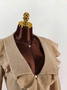Plus Size Women Ruffled Knit Cardigan, Elegant Bell Sleeve Sweater, Casual Beach Holiday Party Outfit For Spring/Summer/Autumn - Khaki - View 6