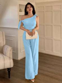 abyoxi 两件套：不对称领口系带腰身休闲上衣和阔腿裤，性感黄色套装，适合通勤、度假、海滩、春夏穿着。 - 淺藍色 - 查看 7