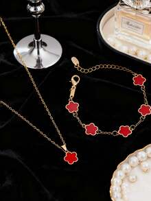 2pcs Set: 1pc Necklace + 1pc Bracelet, Fashionable Minimalist Gold-Tone Star Flower Oval Pendant, Suitable As Girlfriend, Wedding, Graduation, Date Gift - Little Plum Blossom - View 2