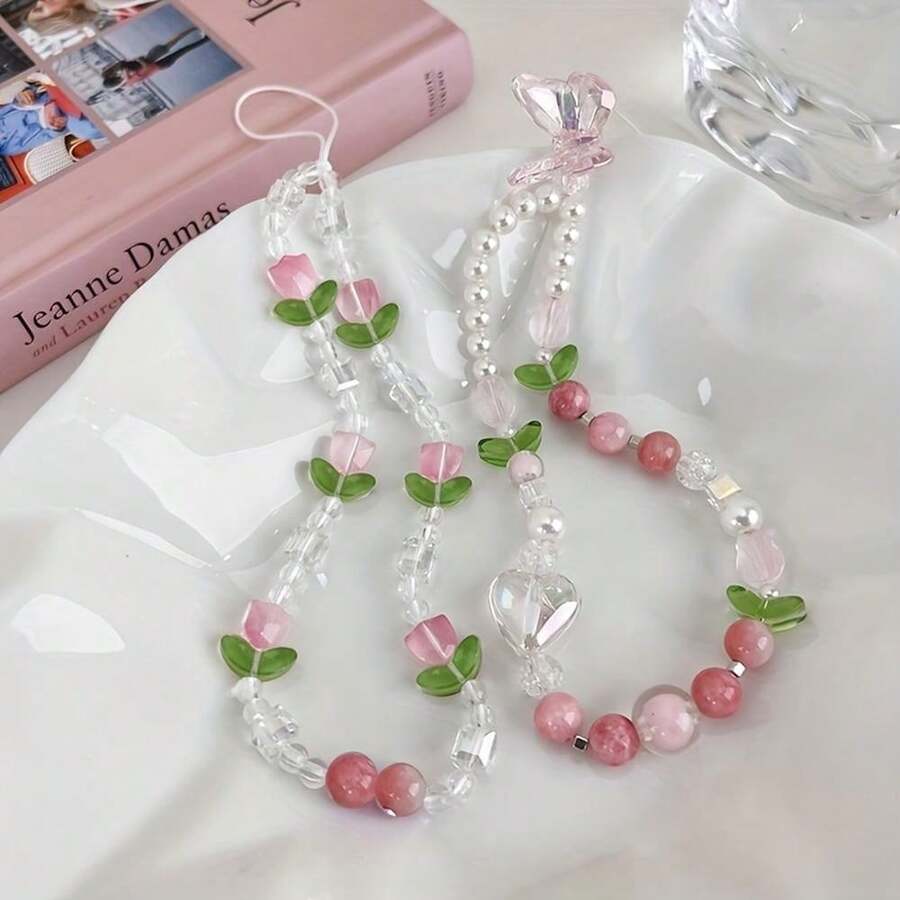 Tulip Flower Beaded Phone Chain Girl Phone Case Anti Drop Hanger - Nhiều màu - Xem 1